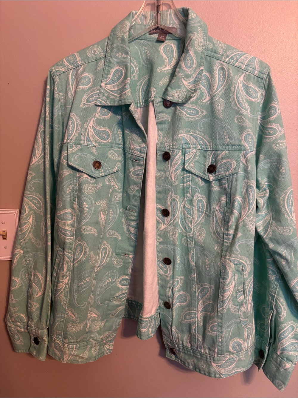 Jessica London Mint Green Paisley Button-Up Jean Jacket
